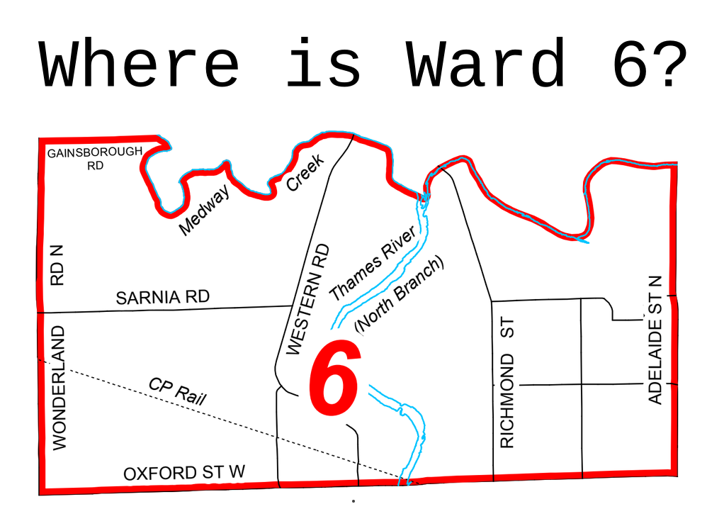 A map of ward 6. Ward six is just north of Oxford and goes up until the river. It is between wellington and Adelaide.